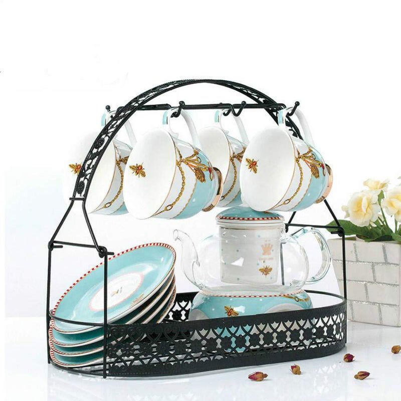 Piscepio Coffee Cup Holder Stand - Wrought Iron Mug Rack and Dishes Organizer - Drainer Storage Drying Rack for Counter, Cabinet, Table, Kitchen, Restaurant, Office (Black B) - Image 3